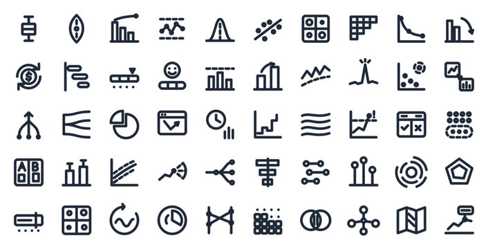 Chart analytics pro big icon set, 50 line icons mega bundle