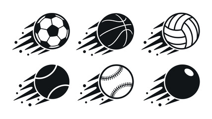 Fototapeta premium Collection of fast moving sports balls in black and white vector art