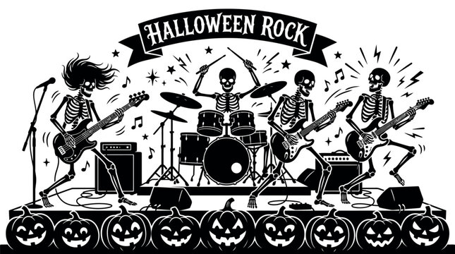 Halloween rock band of skeletons performing on stage illustration