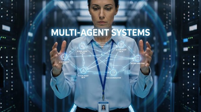 Professional woman engaging with a holographic interface in a data center, showcasing advanced multi-agent systems for artificial intelligence and next-generation network solutions