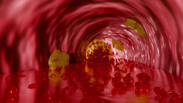 Blood vessel obstruction caused by fatty cholesterol buildup demonstrating reduced circulation, vascular inflammation, and increased risk of coronary artery disease and stroke. 3D Rendering
