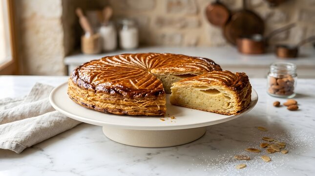 French galette des rois puff pastry cake with almond frangipane, sliced dessert in rustic kitchen