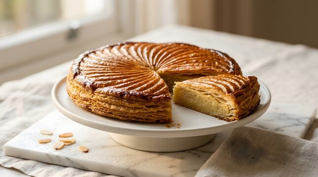 French galette des rois puff pastry cake with almond filling, sliced dessert on cake stand