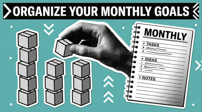 Organize Your Monthly Goals Blocks and Notebook Concept