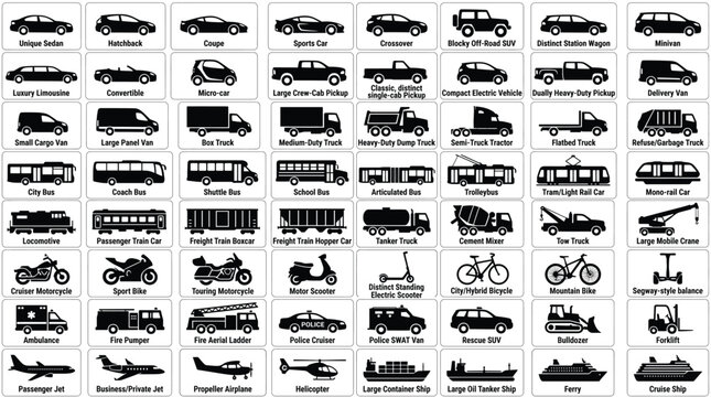 Collection of various vehicles, including cars, trucks, buses, trains, motorcycles, airplanes, and ships
