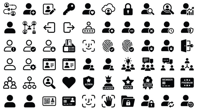 Collection of black icons related to user authentication and membership on isolated for design projects