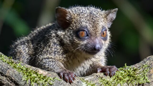 Close-up of a Fossa's Face with Big Orange Eyes, Perched on a Mossy Branch