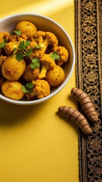 Golden aloo gobi with turmeric tomato sauce and micro-cilantro, styled with dried turmeric root and silk on a yellow background with generous copy space.