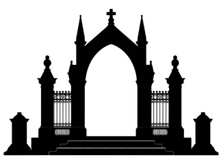 Fototapeta premium Gothic arch silhouette with cemetery gate. Dark monument entrance for spooky graveyard design.