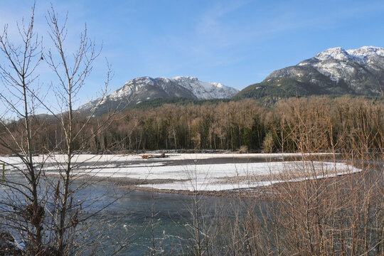 Brackendale Eagle Run Vista Point along the Squamish River during a winter season in Squamish, British Columbia, Canada