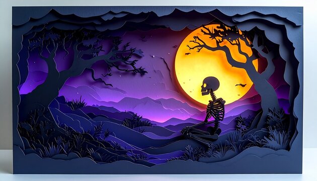 Halloween paper craft shadow box with skeleton meditating under full moon, spooky night scene layered papercut art with bats and dead trees