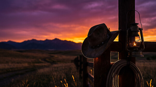 Pioneer Day in Utah celebrating western heritage in the American West with a cowboy hat on a post near a pioneer wagon and covered wagon at the Days of 47
