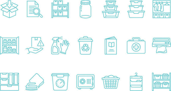 Simple light blue vector icon set depicting various household organization and storage supplies for home use