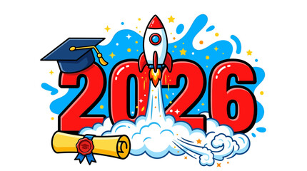 Naklejka premium Graduation Class of 2026 Celebration Design with Rocket Launch and Academic Diploma Scroll Illustration