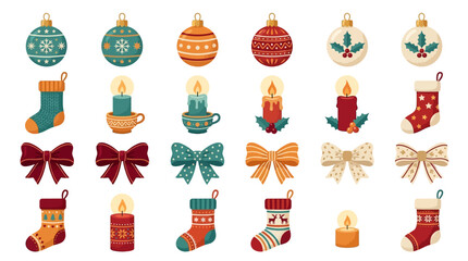 Naklejka premium Set of Cute Hand Drawn Christmas Elements Featuring Festive Ornaments Stockings Candles and Decorative Bows in Flat Vector Style