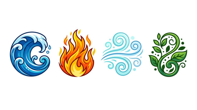 Four Classical Elements Representation Featuring Stylized Water Fire Air And Nature Earth Symbols In A Colorful Artistic Vector Graphic Set