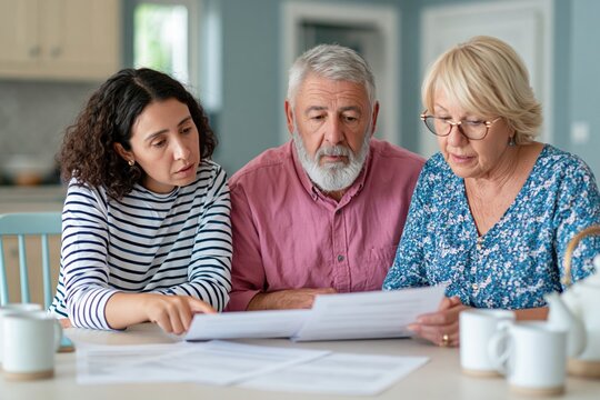 Family daughter helping senior parents with financial planning and paperwork home