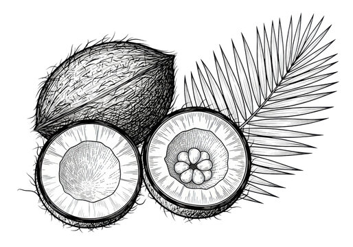 A vintage botanical illustration of a coconut, its cross-section, and a palm frond in a monochrome etching style on an ivory background. Concept of academic botany