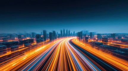 Fototapeta premium High way traffic with motion blur light trails on an urban city road at night speed