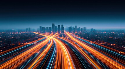 Fototapeta premium City skyline at night with urban traffic light trails on a busy highway metropolis