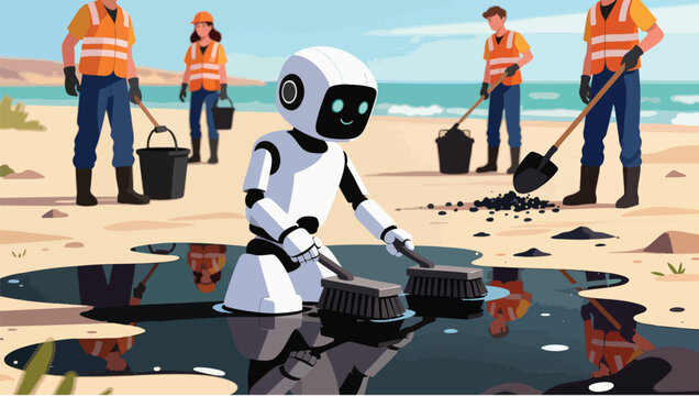 Pixel robot helping volunteers clean up an oil spill on a sandy beach shoreline.