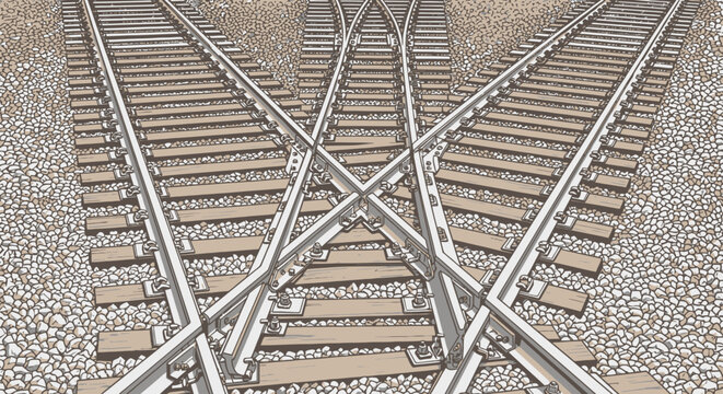 Railway tracks intersect at a complex junction featuring steel rails laid over a bed of crushed stone ballast for heavy train traffic.