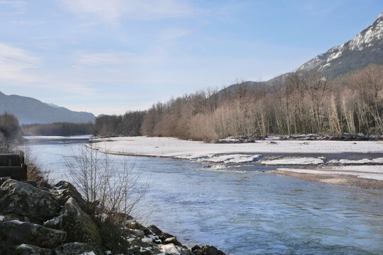 Brackendale Eagle Run Vista Point along the Squamish River during a winter season in Squamish, British Columbia, Canada