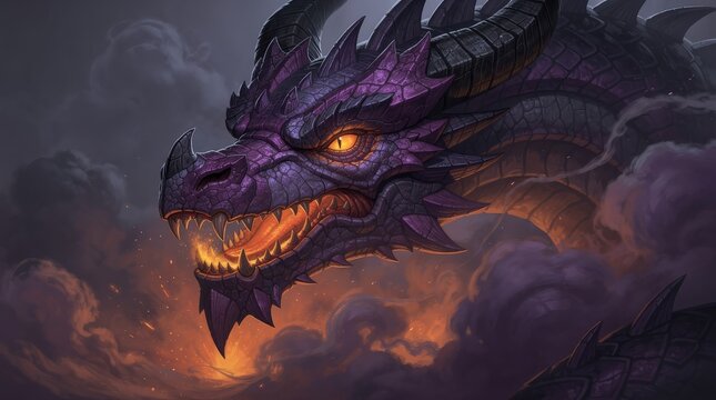 A fierce purple dragon with glowing orange eyes and fiery breath emerges from smoky clouds in a dark, fantasy-themed scene.