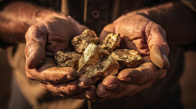 Hands holding rough gold nuggets, highlighting raw mineral extraction and the labor involved in mining.