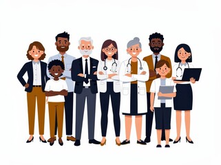 Obraz premium Diverse group of medical professionals and business people standing confidently together, representing teamwork and healthcare.