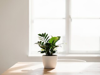 Fototapeta premium A small green plant in a white pot sits on a wooden table in front of a bright window, creating a minimalist and serene indoor scene.