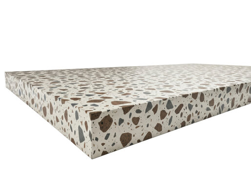 A polished composite quartz slab in light beige with brown and grey chips on a transparent background with copy space. Concept of modern building materials