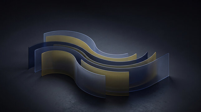 Textura abstracta 3D: paneles curvos en capas y azul marino y mostaza