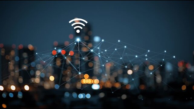 Smart digital city with connection cyber security network reciprocity over the twilight cityscape.future wireless digital city and social media networking systems that connects people within the city