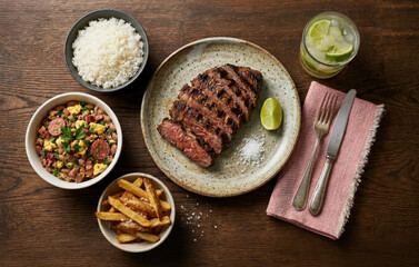 Fototapeta na wymiar Traditional Brazilian lunch featuring sliced ​​grilled beef steak, white rice, savory farofa, french fries, and a lime caipirinha, served on a rustic wooden table, viewed from above.