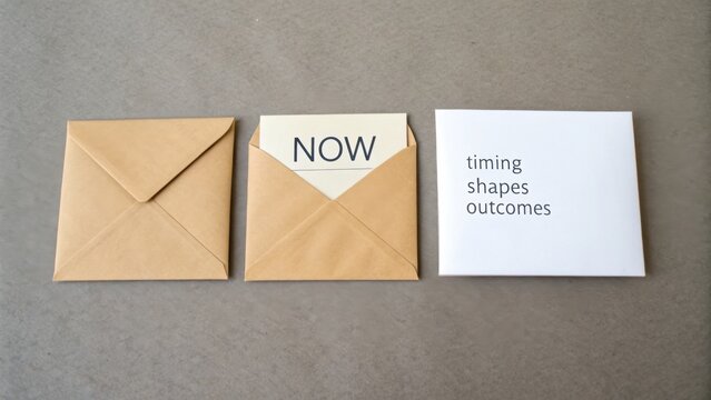 Creative flat lay of envelopes and messages urging action and reflection on timing and outcomes for personal growth
