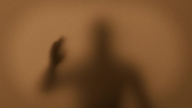 man waving from behind a thin opaque divider screen