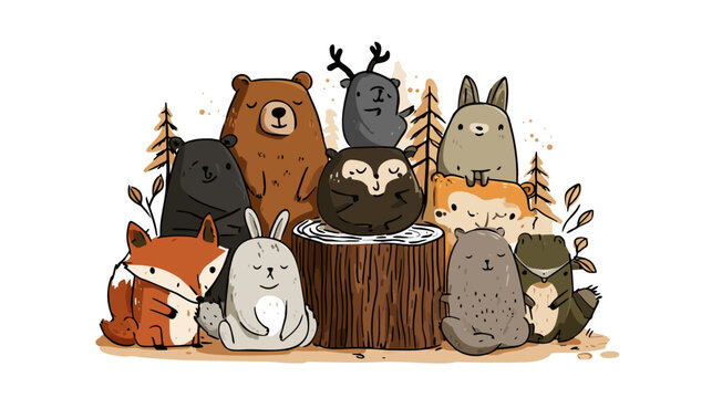 Adorable forest animals gather in a charming group a delightful scene for children's books and whimsical projects