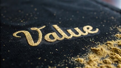 Fototapeta premium Elegant Golden Typography Showcasing the Word Value in Sparkling Granules on Dark Fabric with Subtle Shadows and Textures