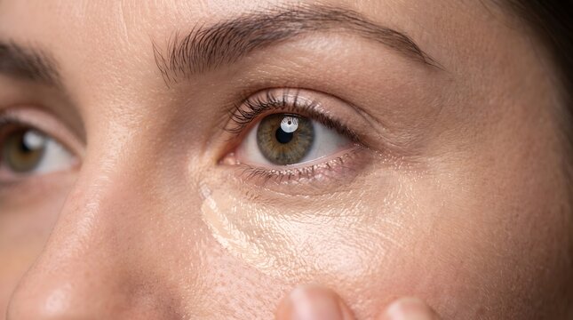 Detailed macro view showing beautiful female eye and cheek with liquid concealer applied representing authentic makeup base.