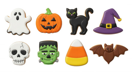 Obraz premium halloween cookies arrangement on white spooky shapes like a ghost pumpkin cat and hat for festive celebrations and sweet treats