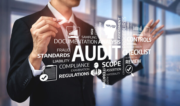 A businessman engaged in financial audit processes, showcasing infographic elements that highlight compliance, risk assessment, and audit controls to enhance business performance. Tessel