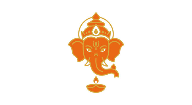 Lord ganesha head line art icon with diya oil lamp vector illustration