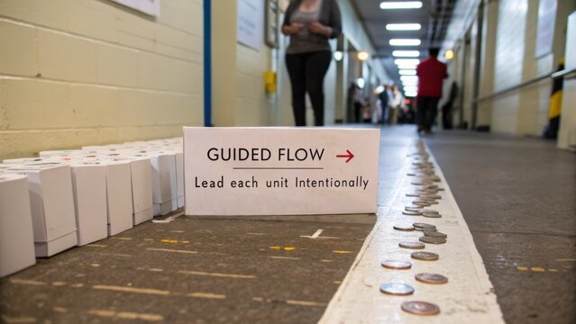 Guided Flow Signage in a Hallway with Coins and Boxes Indicating Intentional Pathway for Efficient Movement