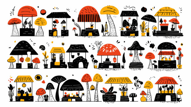 Whimsical mushroom village illustration with tiny houses and plants creating a playful and imaginative fantasy world for children