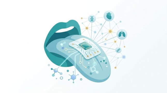 A smart toothbrush with AI capabilities is shown detecting health issues linked to gum disease and the heart using a tongue sensor.