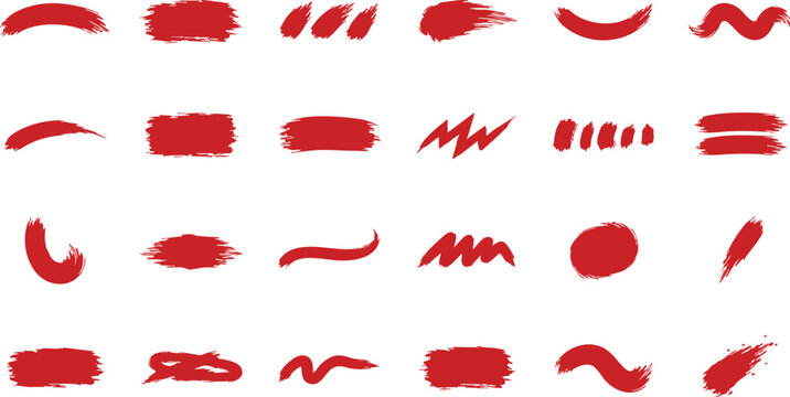 Bold red brush paint. Vector watercolor smear effect grunge splashes. Asian ink textured highlight frames, stamp, text box, rectangle speech bubbles. Abstract scribble scratch brush.