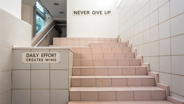 Inspirational Staircase with Motivational Words Never Give Up and Daily Effort Creates Wins on Wall in Modern Space