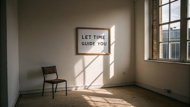Minimalist interior with a wooden chair and framed quote urging reflection in serene and bright atmosphere