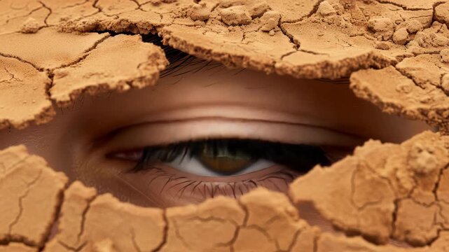 The Eye of Hope: A piercing human eye gazes through a cracked, arid landscape, symbolizing resilience and the enduring spirit of life amidst desolation.